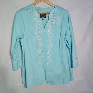 Bob Mackie Wearable Art Aqua Sz 1X Embroidered Blouse